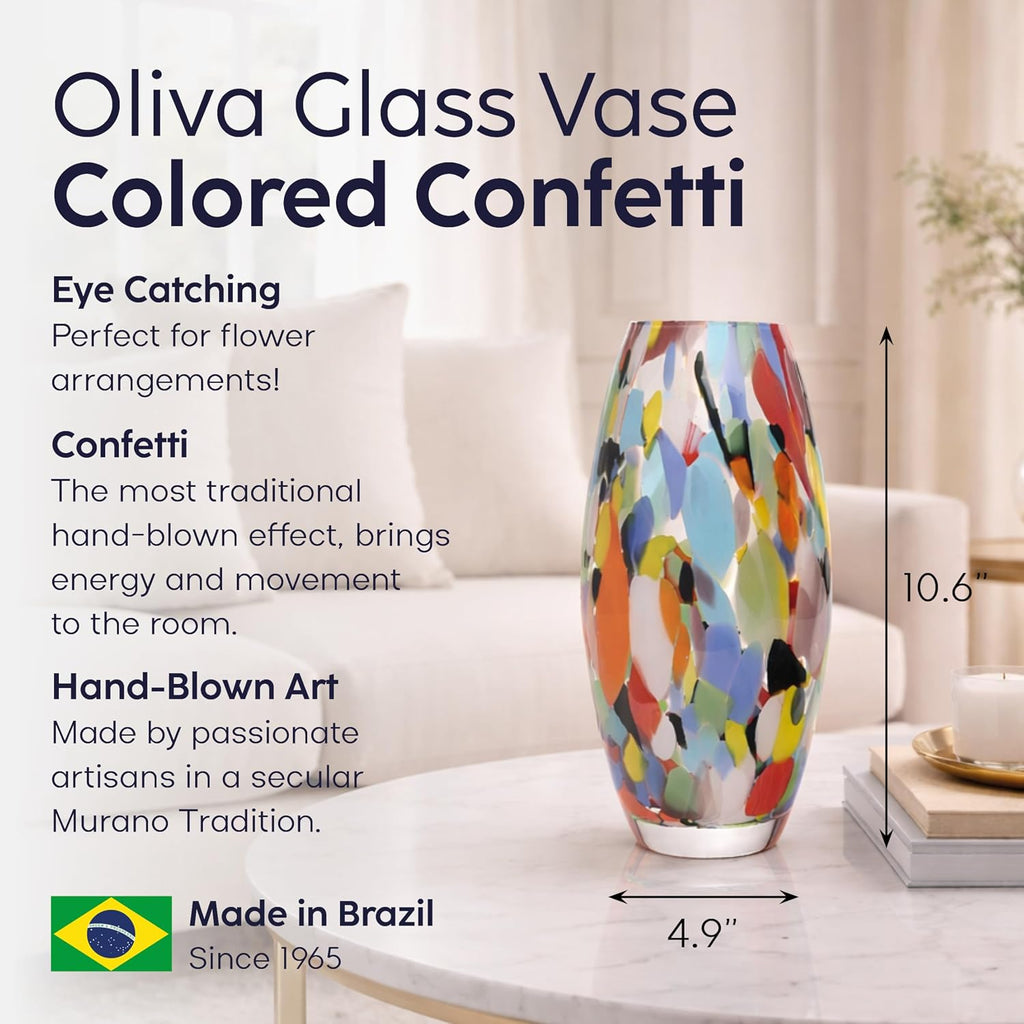 Murano Style Art Glass Vase Hand Blown Colorful Confetti Effect Home Decor | Hand Blown Glass Vase, Decorative Table