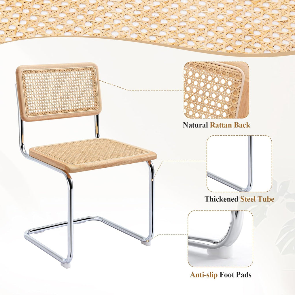 Rattan Cantilever Dining Chairs Set of 2, Boho Modern Dining Chairs with Rattan Back and Curved Steel Base for Kitchen or Living Room, Natural