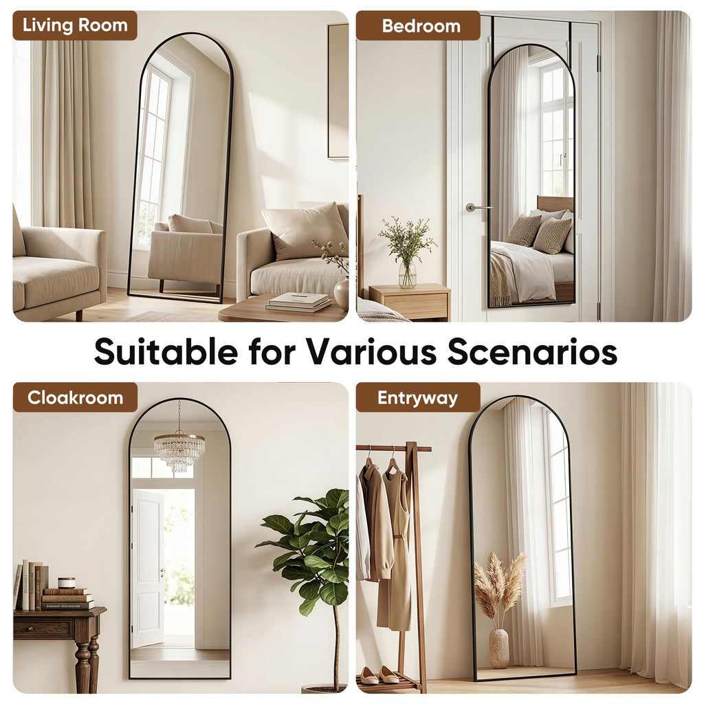 58"x20" Over The Door Mirror, Arched Full Length Mirror, Black