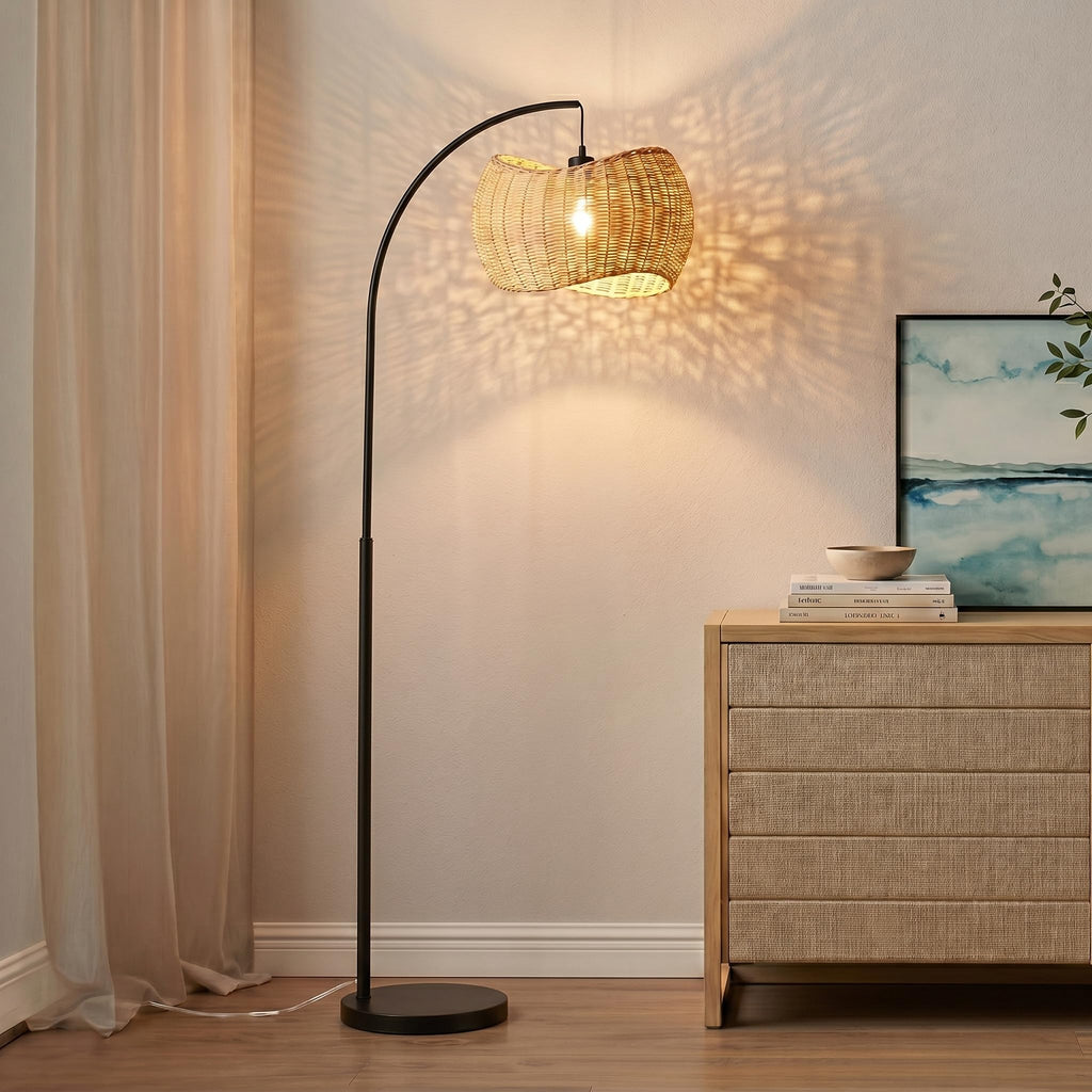 Wave Arc Floor Lamp - Chic Standing Lamp with Unique Hanging Wicker Pendant Shade, Boho Rattan Natural Decor Lamp