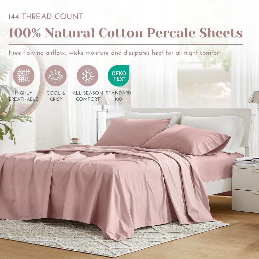100% Cotton Percale Sheets Cal King Sheet Set 4 Pcs, Pink