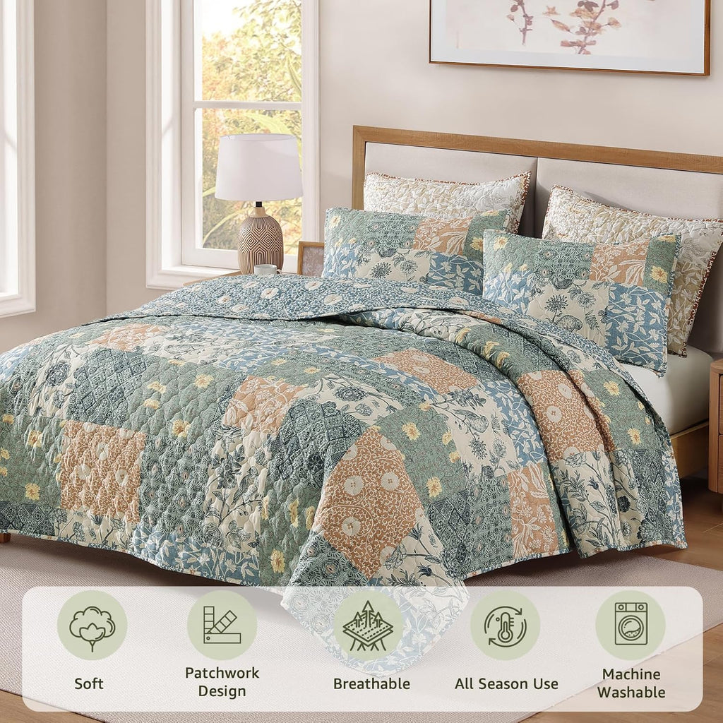 Queen Quilt Set - 3 Pieces Patchwork Green Quilt Bedding Set, Lightweight Queen Bedspread Coverlet, Reversible Floral