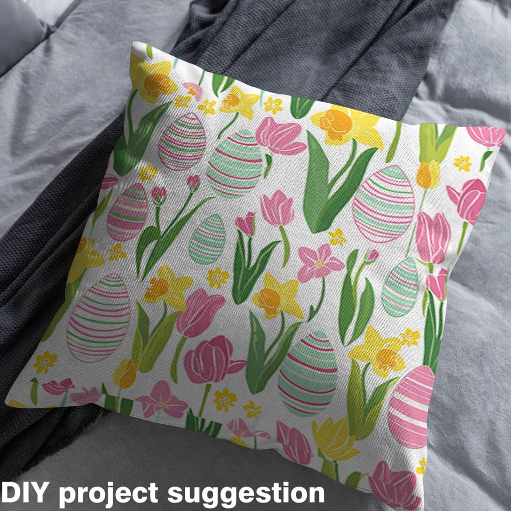 Tulip Eggs Fabric By The Yard, Cartoon Easter Cartoon Decorative Fabric, Petals Flowers Pink Upholstery Fabric