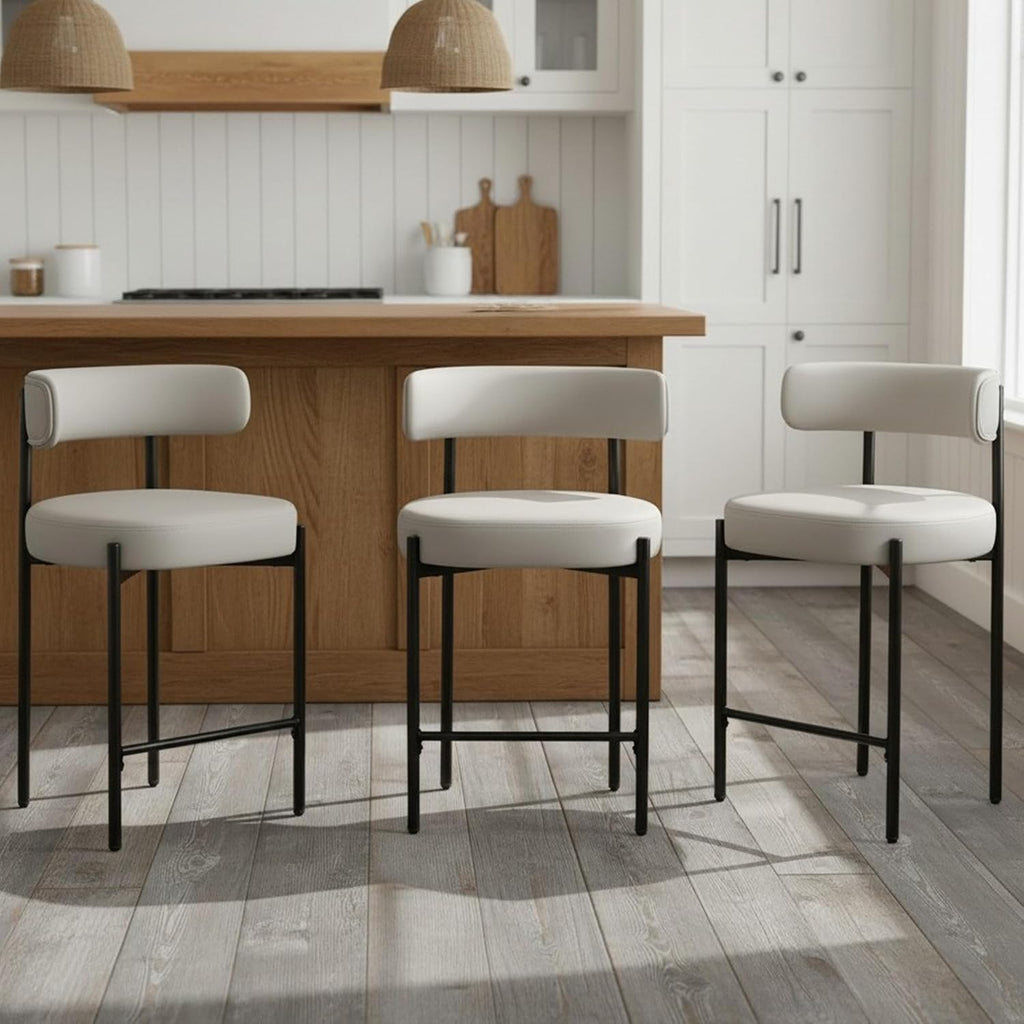 Counter Height Bar Stools Set of 3, 24'' Faux Leather Bar Stools with Back, Mid-Century Modern Bar Chairs