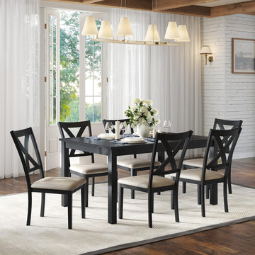 7-Piece Farmhouse Solid Wood Dining Table Set for 6, Grey & White