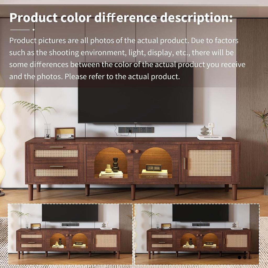 Rattan TV Stand with LED Lights, 70" Entertainment Center with 3 Cabinets & 2 Drawers Media Console Table for TVs Up