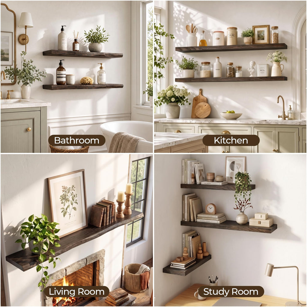 Elm Floating Shelves for Wall - 36 in Rustic Solid Wood Shelves with Heavy-Duty Invisible Bracket, Wall-Mounted