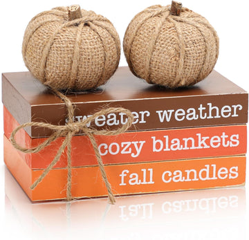 Fall Tiered Tray Decor, Wood Book Stack with Maple Leaves & Pumpkins