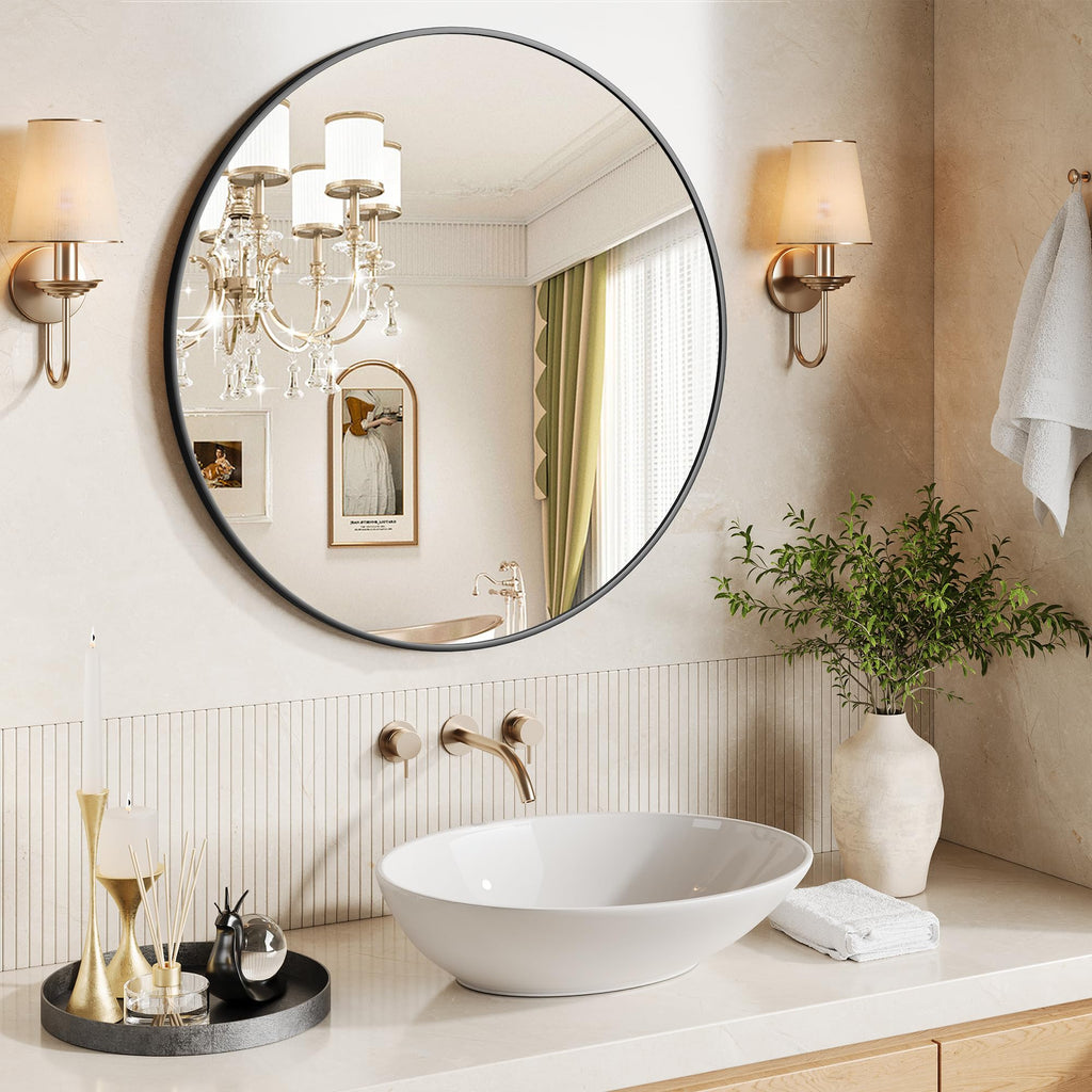 30Inch Black Round Wall Mirror, Circle Mirror Metal Frame, Vanity, Entryway, Bedroom, Living Room, Wall Mounted