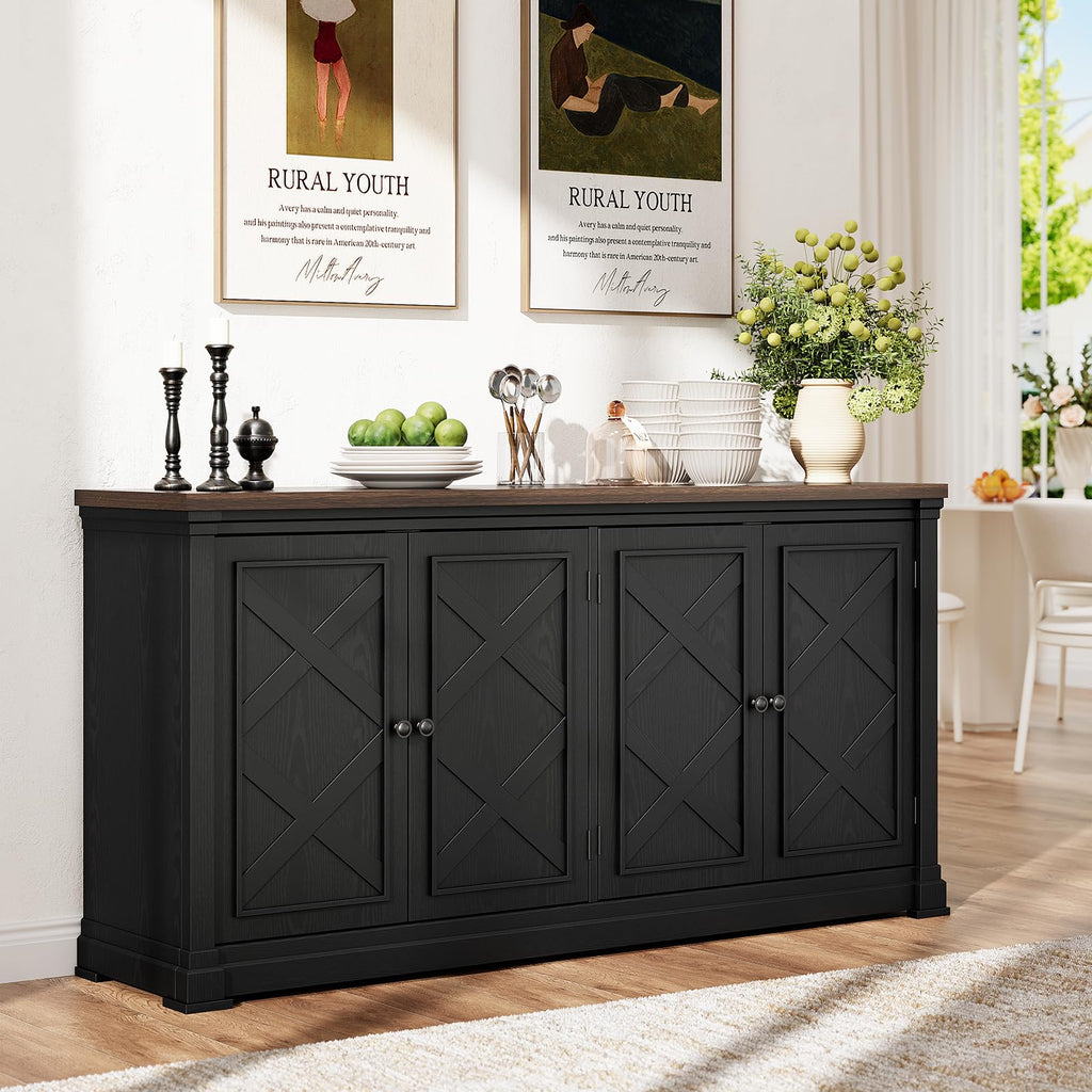 63 Inch Buffet Cabinet with Storage, 4 Barn Doors, Black