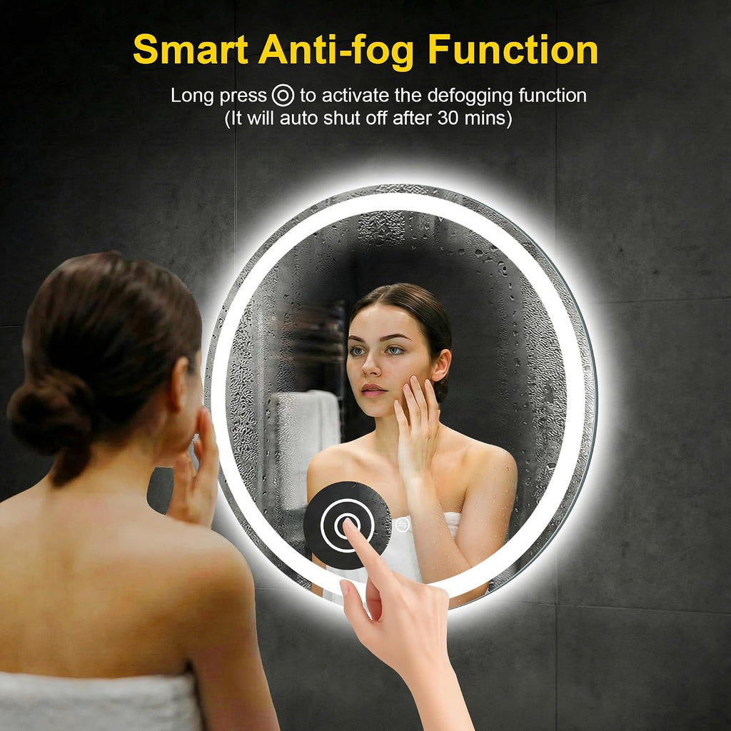 Round LED Bathroom Mirror with Lights, 24 Inch Circle Lighted Vanity Mirror, Anti-Fog, Dimmable 3 Colors