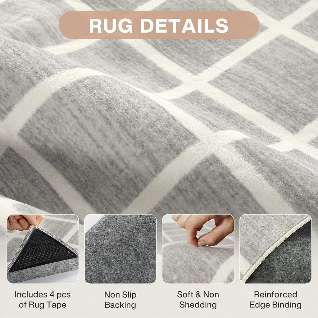 Grey Modern Plaid Geometric Washable Rug