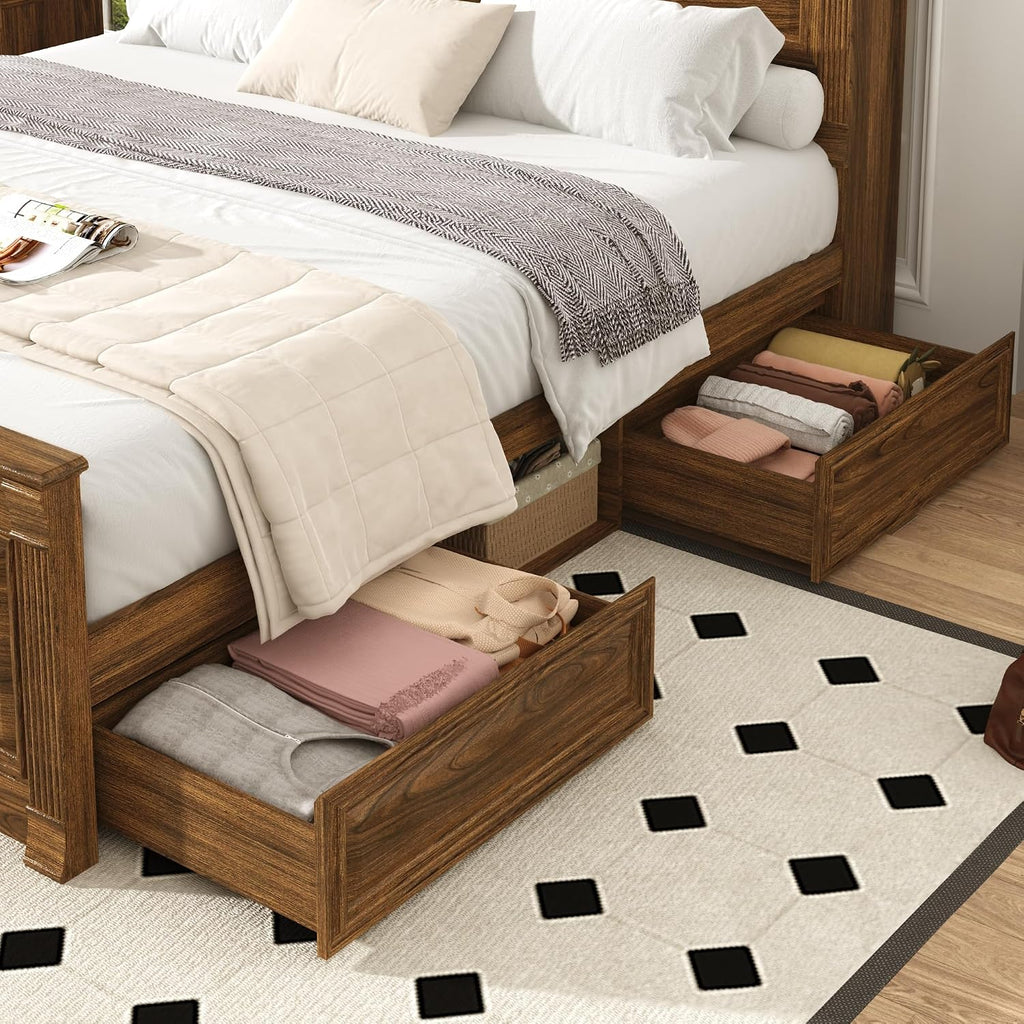 Farmhouse Queen Bed Frame with 55" Tall Storage Headboard & 4 Drawers, Wood Roman Column Platform Bed Frame with 24"