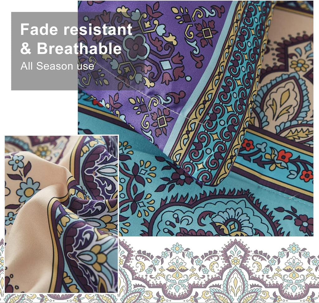 Cottolester Boho Comforter Set Queen 8 Piece Bed in a Bag Bohemian Striped Bedding Quilt Set Aqua Paisley Floral