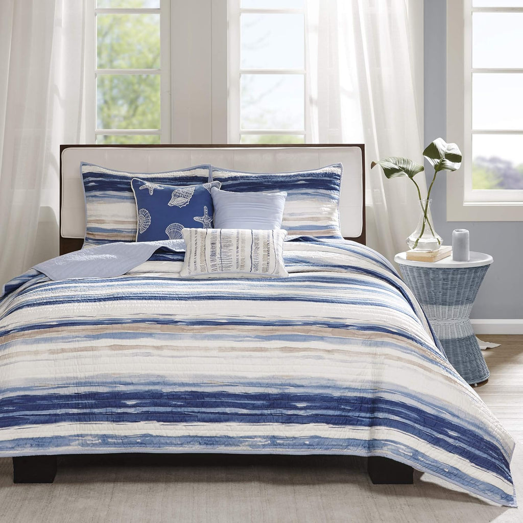 Quilt Set Cottage Coastal Design, 6 Piece Set - All Season, Coverlet Bedspread Lightweight Bedding Layer, Shams, Toss