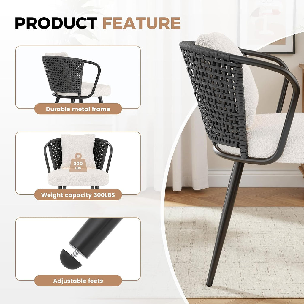 Modern Rattan Dining Chairs Set of 6, Upholstered Kitchen Chair with Metal Legs, Ergonomic Curved Backrest, Mid