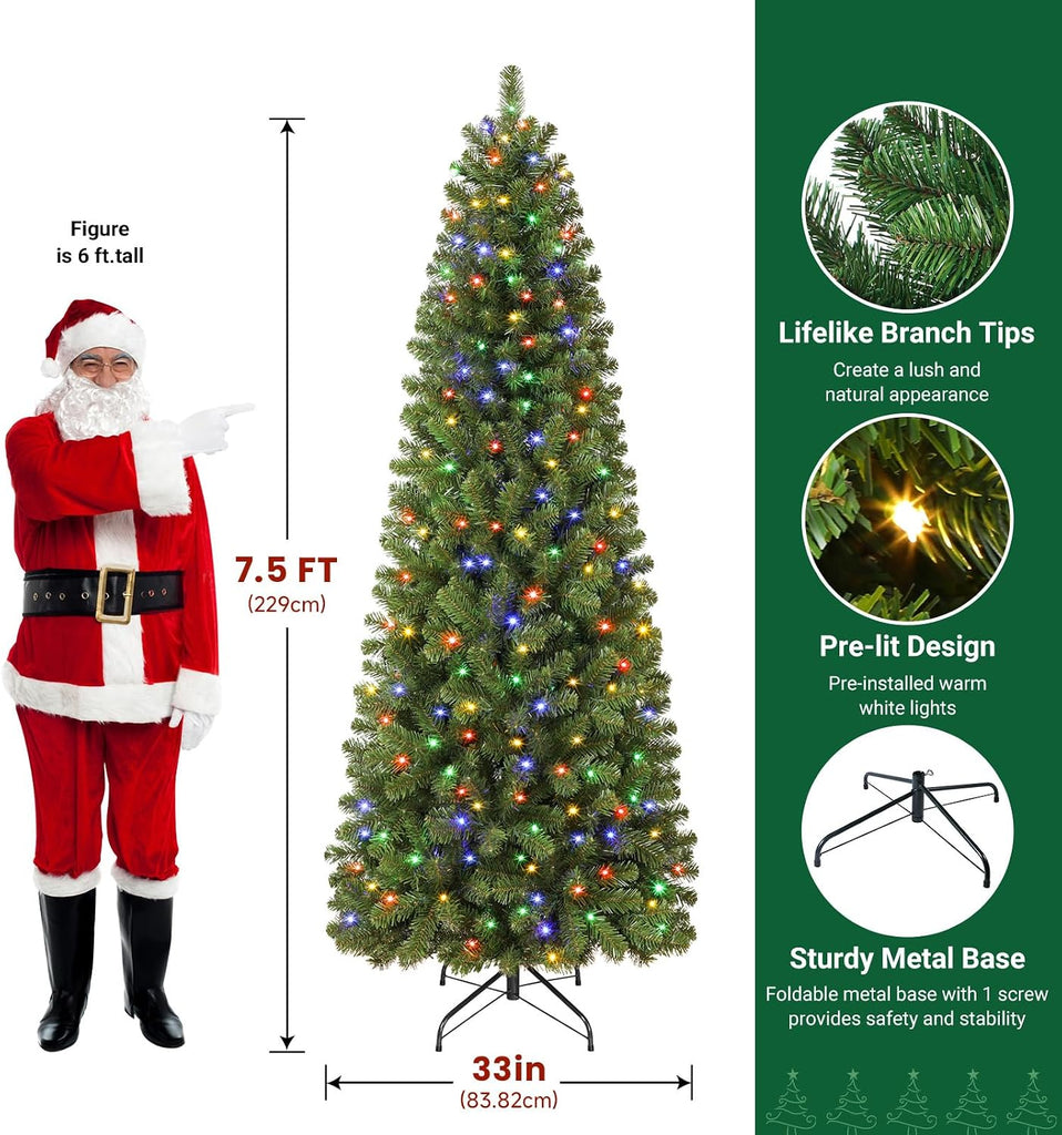 Prelit Pencil Hinged Christmas Tree with Multi-Color Lights