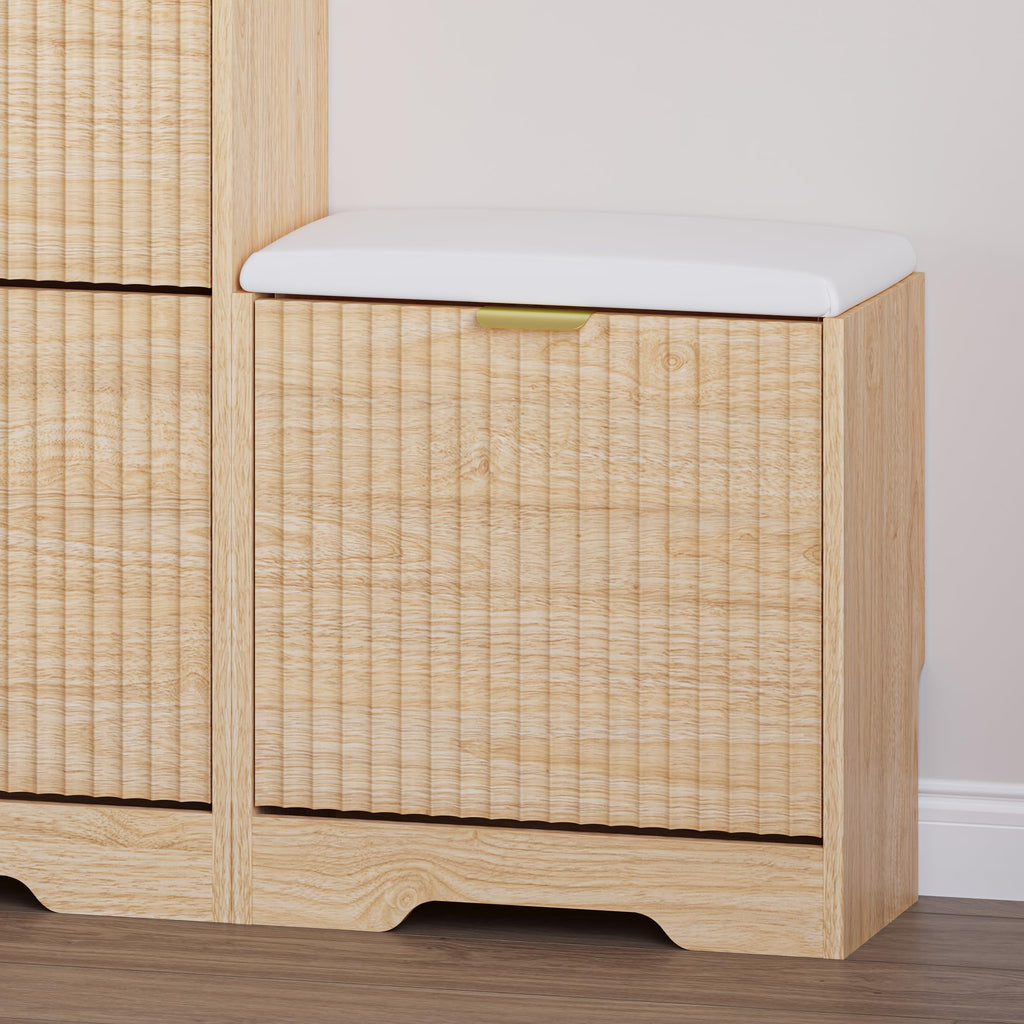 Slim Shoe Cabinet with Bench, Hidden Storage and Adjustable Shelves, Free Standing Wooden Shoes Organizer, Foyer