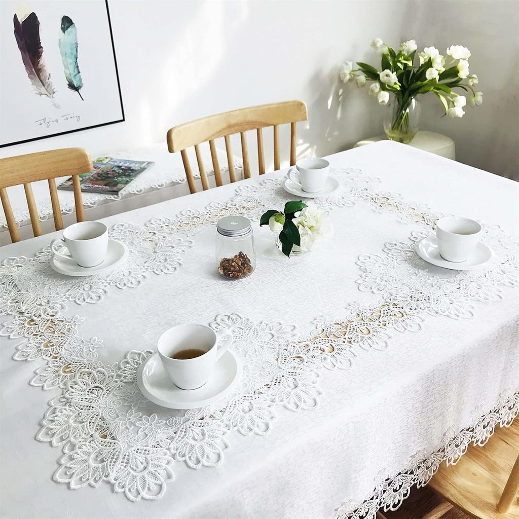 Lace Tablecloth for Rectangle Dining Tables 52 x 70 Inches White Peonies Lace Vintage Party Wedding 