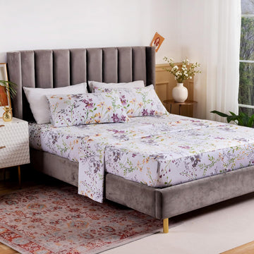 100% Egyptian Cotton King Sheets Sets 4 PCS, Floral Botanical Printed Bed Sheets with 17.5" Deep Pocket, Patterned