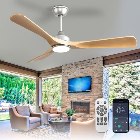 52-Inch Ceiling Fan with Light: Wood 3 Blade Outdoor Fans for Patios - Dimmable Indoor Fan with Remote APP Control Ultra Quiet DC Motor Reversible 6 Speed Timer A101-B0DRCTQT8S