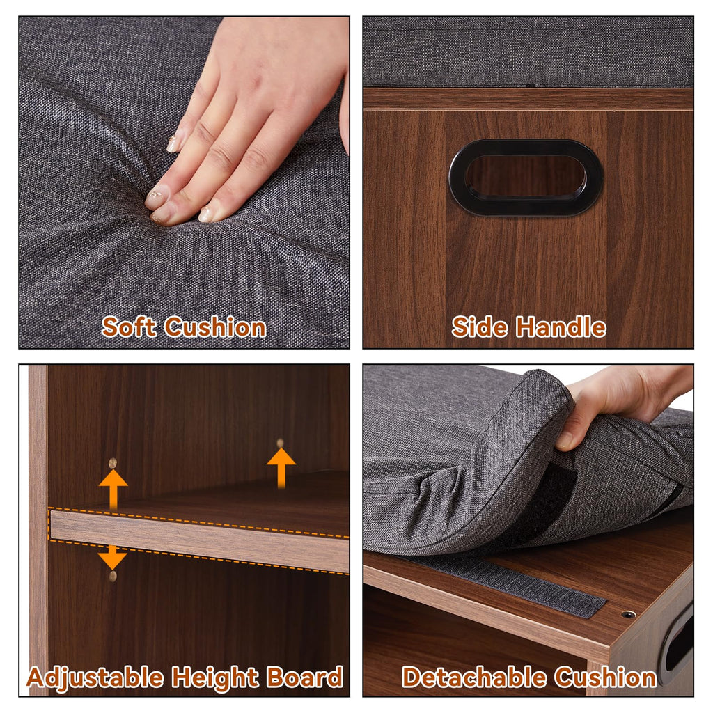 Small Shoe Storage Bench with Cushion, Light Walnut