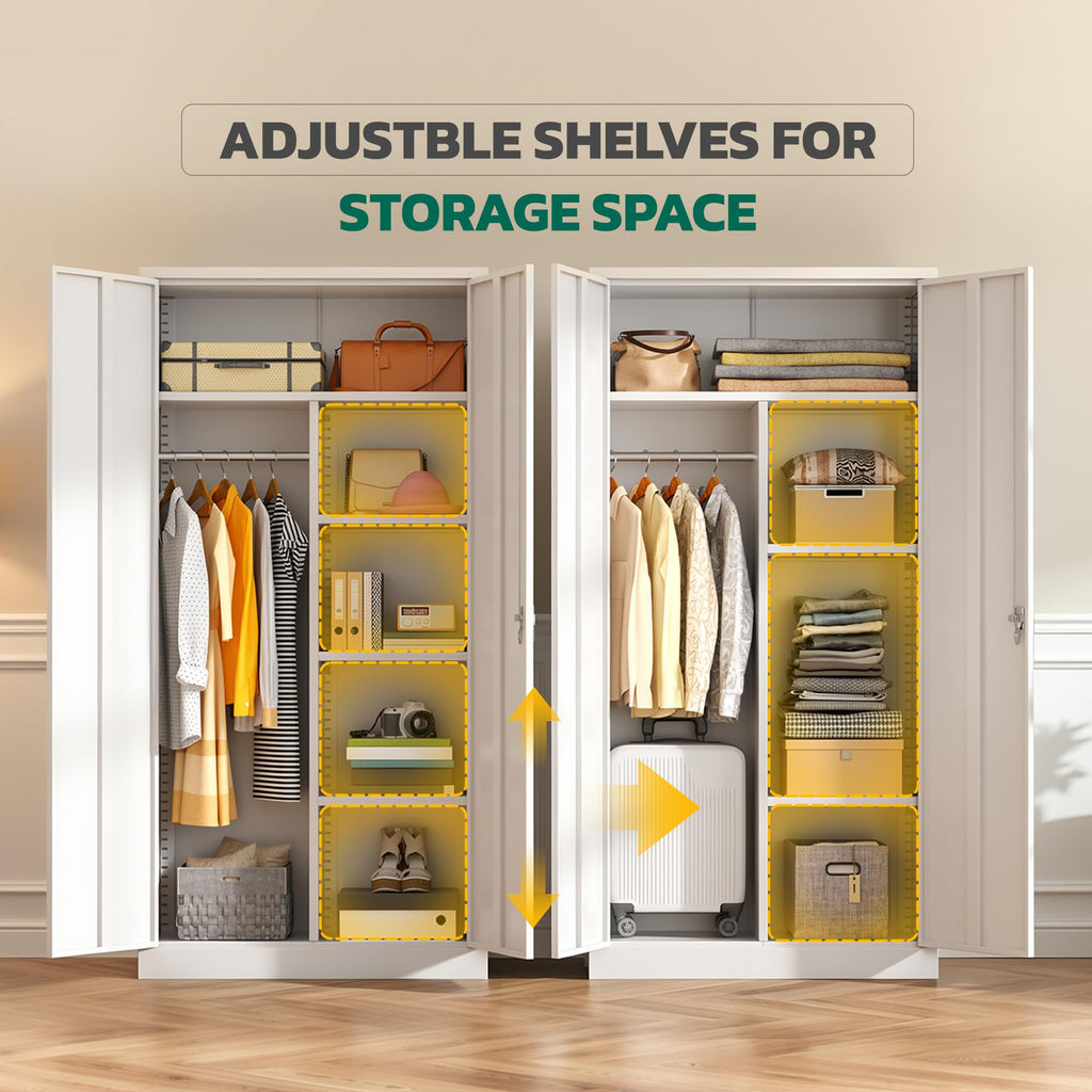 Metal Wardrobe Cabinet with Locking Doors, 72"H White Metal Wardrobe Closet with Hanging Rods and Adjustable Shelves