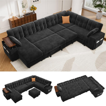130" Modular Sectional Sleeper Sofa with Pull Out Bed, 9 Seat L Shaped Couch with Ottoman & Chaise/Reclining