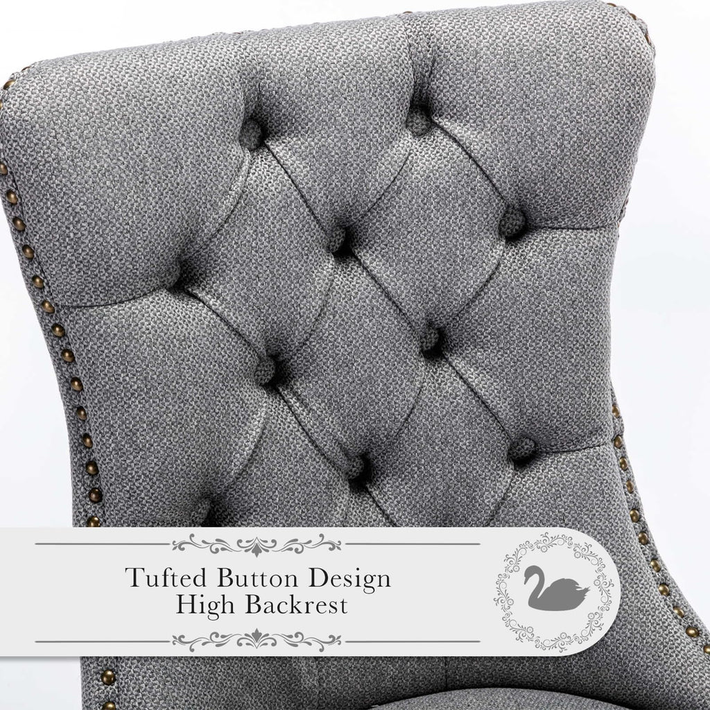 Linen Upholstered Set of 2, Modern Style Kitchen Side Chairs with Nailhead Trim and Wood Leg, Metal Pulling Ring