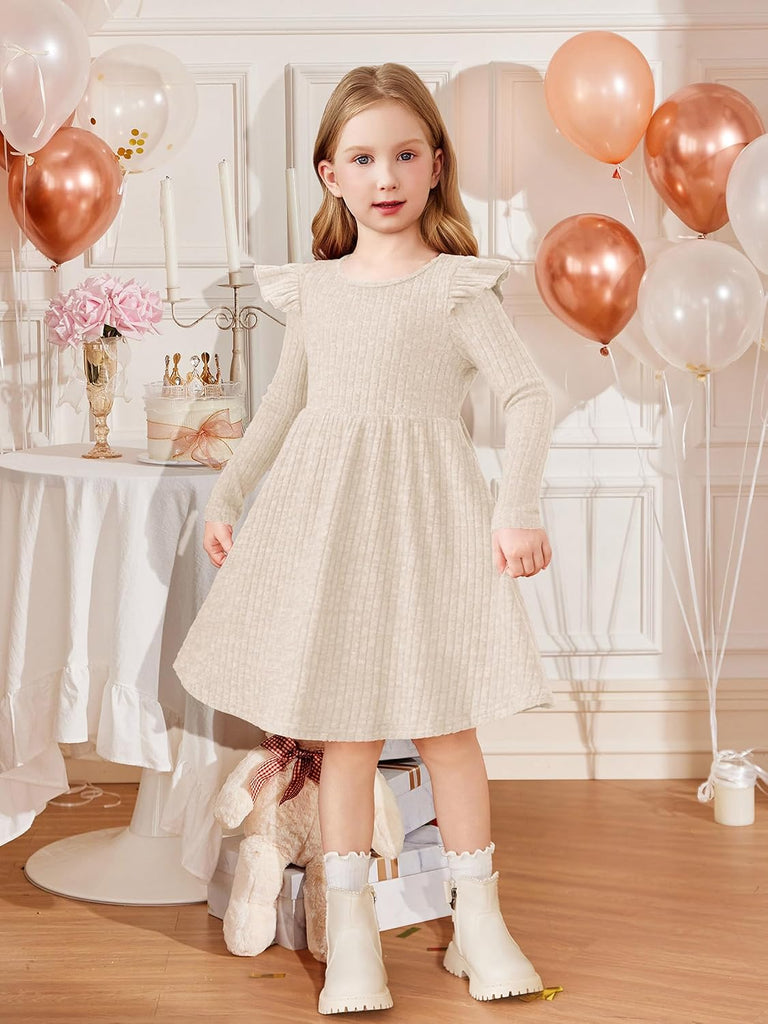 Toddler Girl Dress Baby Girls Knitted Ruffle Sleeve Pocket Dresses A-Line Flared Fall Winter Clothes