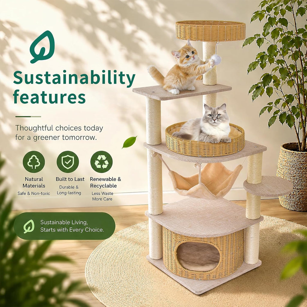 Modern Wood Cat Tree for Large Cats, Multi-Level Cat Tower with Handwoven Condo, Heavy Duty Cat Furniture with Sisal