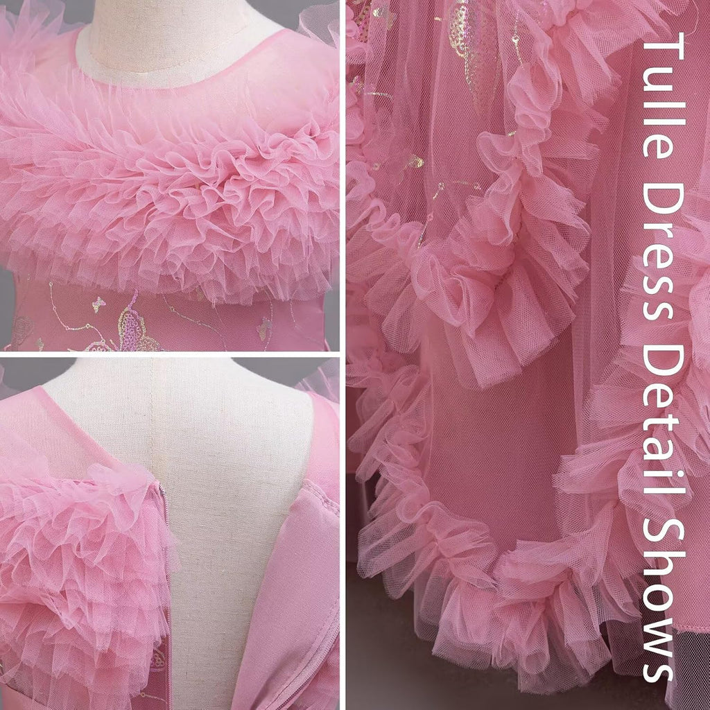 Flower Girl Dress Ruffle Butterfly Embroidery Princess Dress Tiered Tulle Wedding Party Birthday Ball Gown