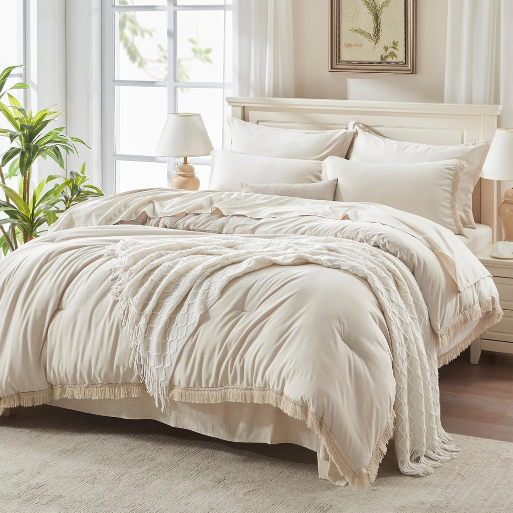 Queen Comforter Set Beige -7 Pieces Bed in a Bag Queen Boho Soft Lightweight Bedding Sets
