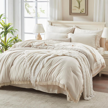 Comforter Set Beige-7 Pieces Bed in a Bag Boho Soft Lightweight Bedding Sets