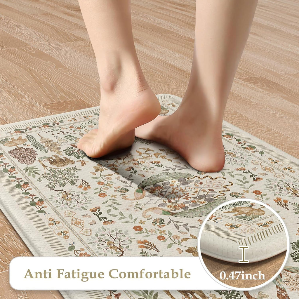 Anti Fatigue Kitchen Mats 17"x47"+17"x29", Vibrant Floral Kitchen Rugs Sets of 2, Cushioned Non Skid Kitchen Mats for