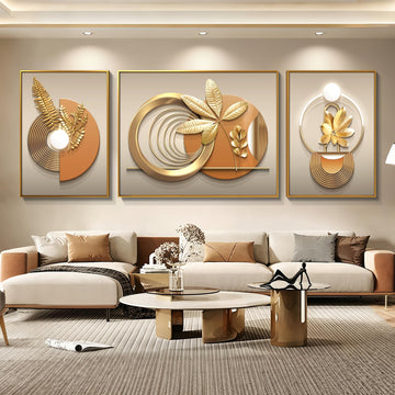Large Framed Gold Wall Decor, Botanical 3 Piece 75x28 In