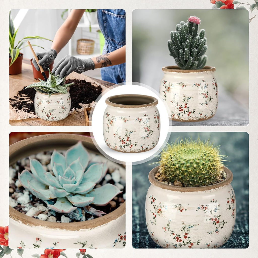 7.7" Large Ceramic Plant Pot Beige Red Cottage Rose Crackle Glaze Rustic Flowers Pot Decorative Planter with Drainage