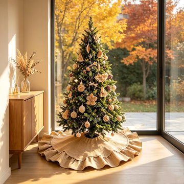 36 Inch Burlap Christmas Tree Skirt, with Ruffle Border and Bow Ties