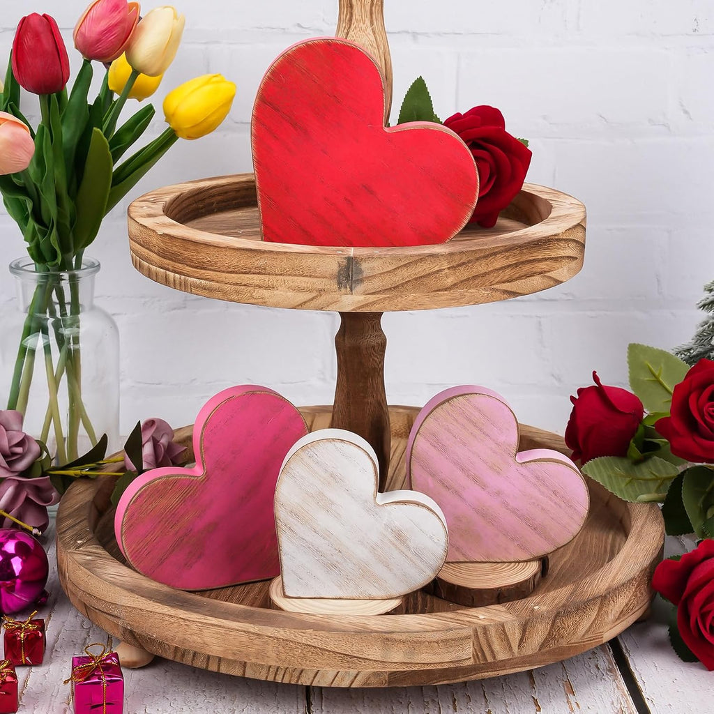 Wooden Hearts Valentines Decorations Indoor, Wood Heart Blocks Tiered Tray Decor, Red Pink White Valentine - Set of 4