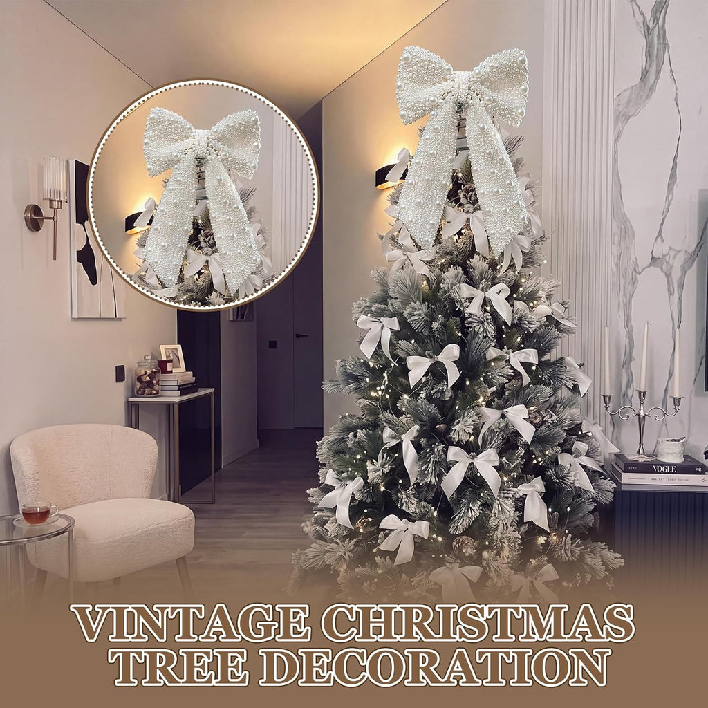 Pearl Bow Christmas Tree Topper Elegant White Xmas Decoration