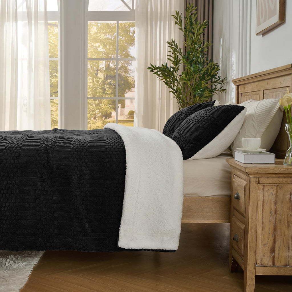 Black Queen Comforter Set, Soft Fleece Plush Bedding Set with 2 Pillow Shams, Cozy Warm Fluffy Bed Set for Winter