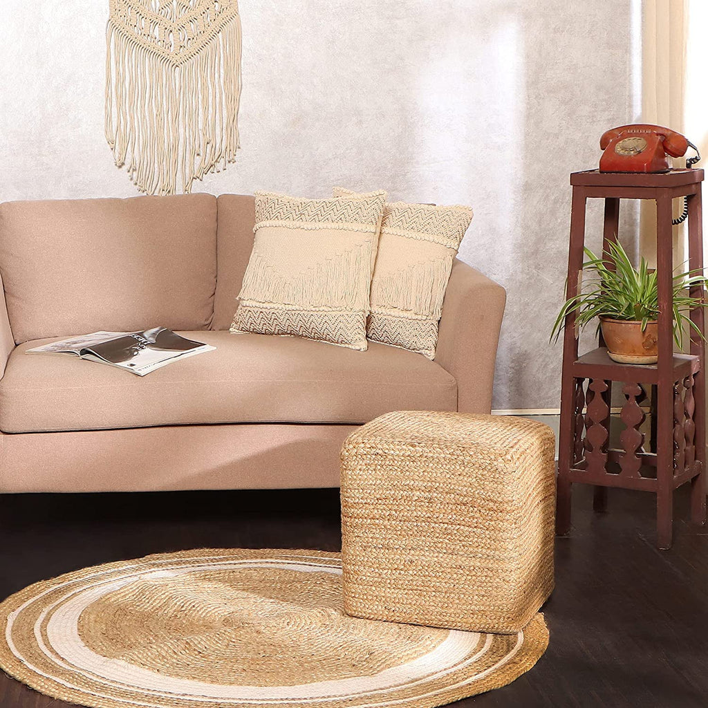 Cube Pouf Foot Stool Ottoman - Classic Jute Poof - Natural