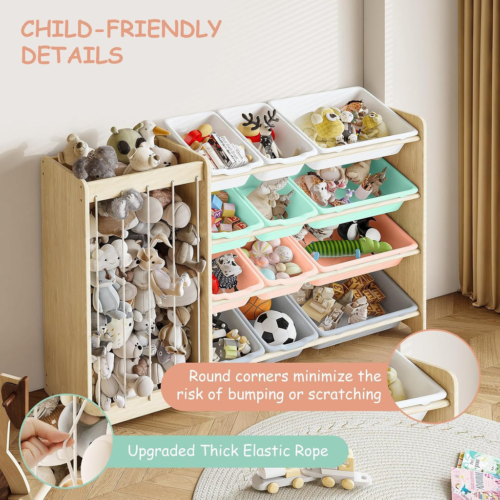 Kids Toy Storage Organizer, 2-in-1 Stuffed Animal Storage & Toy Organizer w/12 Bins, Solid Wood Toy Rack Featuring