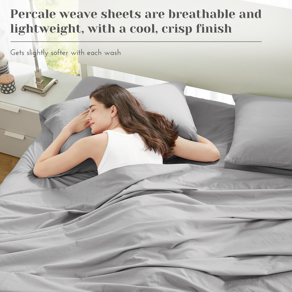 100% Cotton Percale Sheets Queen Extra Deep Pocket, 4 Piece