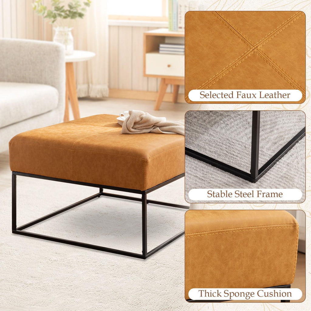 Modern Square Coffee Table, Farmhouse Ottoman, Large Vintage Leather Coffee Tables with Faux Leather Upholstered