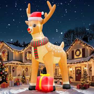 11.5 FT Christmas Inflatable Reindeer with Gift Box, Giant Blow‐Up Red‐Nosed Reindeer Outdoor Decor with Super Bright