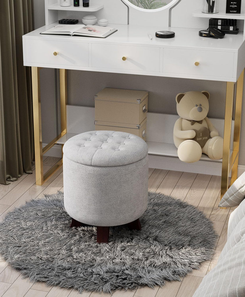 Round Storage Ottoman Bench, Light Gray, 16 Inches | Multi-Functional Ottoman Foot Rest, End of Bed Bench, Storage