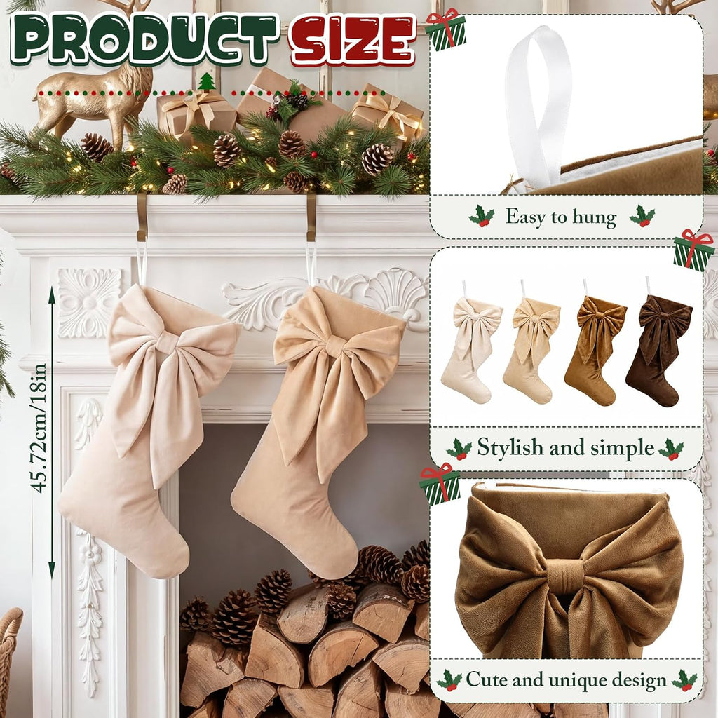 4 Pack Brown Series Velvet Christmas Bow Stockings 18" Coquette