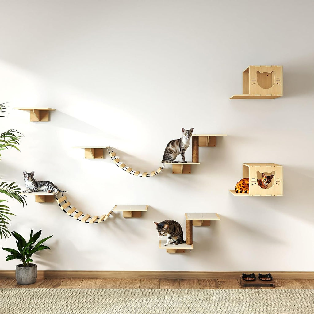Cat Wall Shelves, Wood 8-in-1 Cat Wall Furniture Set, Large Cat Shelves for Wall with Scratching Post, Cat Climbing