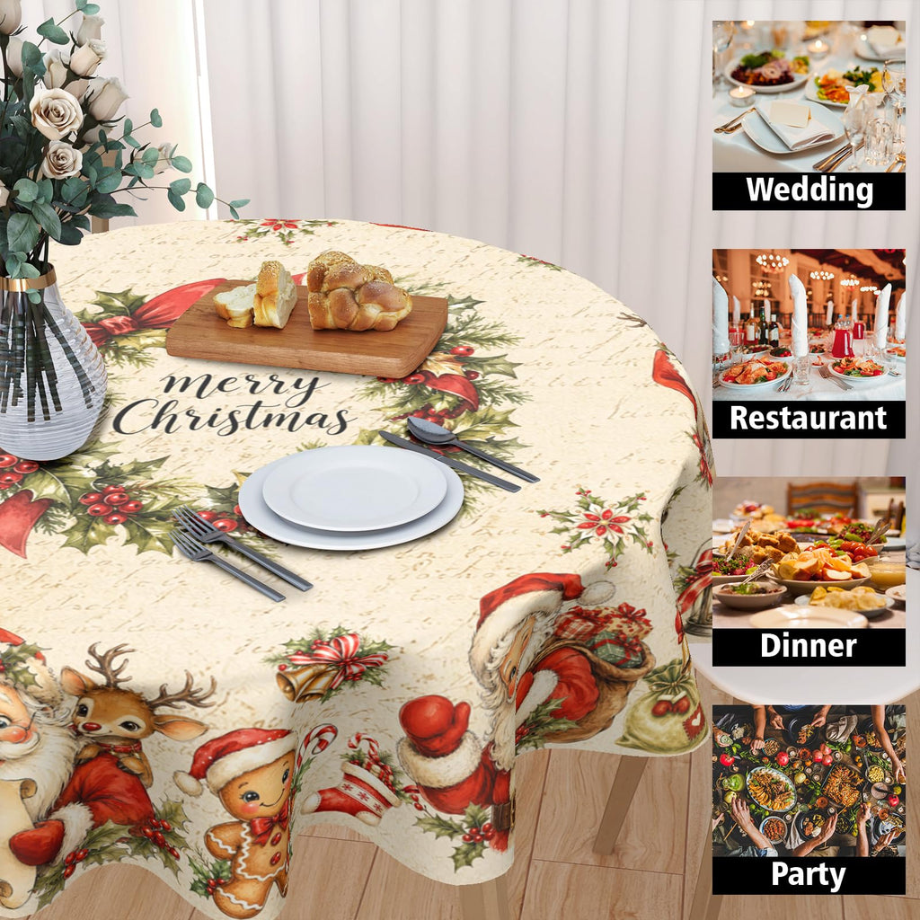 Merry Christmas Tablecloth Round 70 Inch Xmas Santa Reindeer Snowman Gingerbread Man Table Cloth Circle Washable